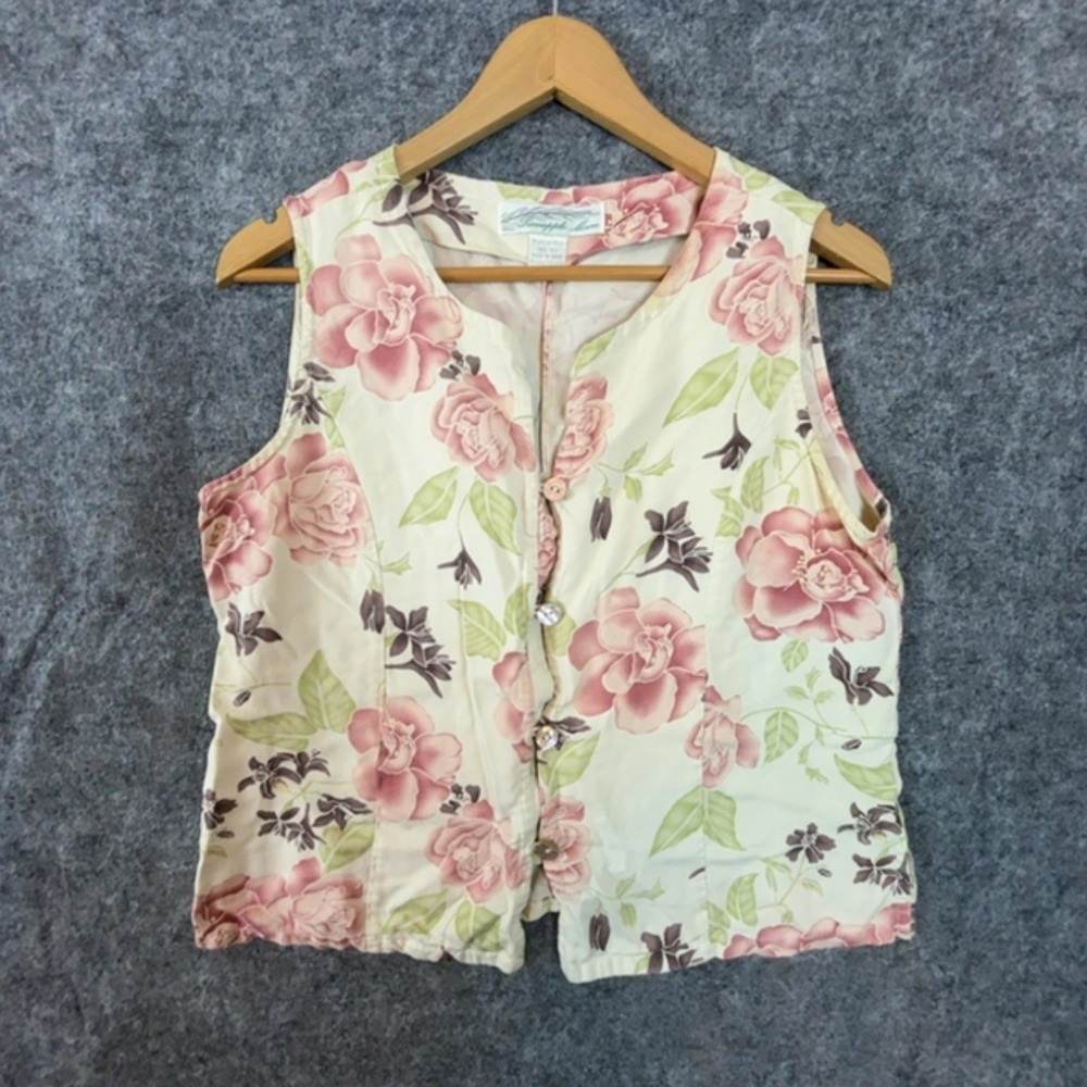 Pineapple Moon Vest Top Womens Large Beige Multi Floral Silk Button Front Casual